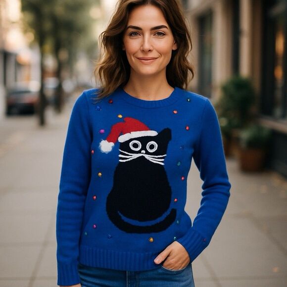 Carolyn Taylor Ugly Christmas Sweater Small Navy Cat Santa Beaded Festive Y2K - Picture 3 of 14